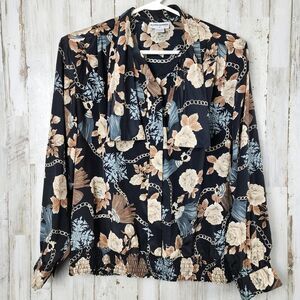 Vintage Alfred Dunner Floral Long Sleeve Blouse Black Size 18